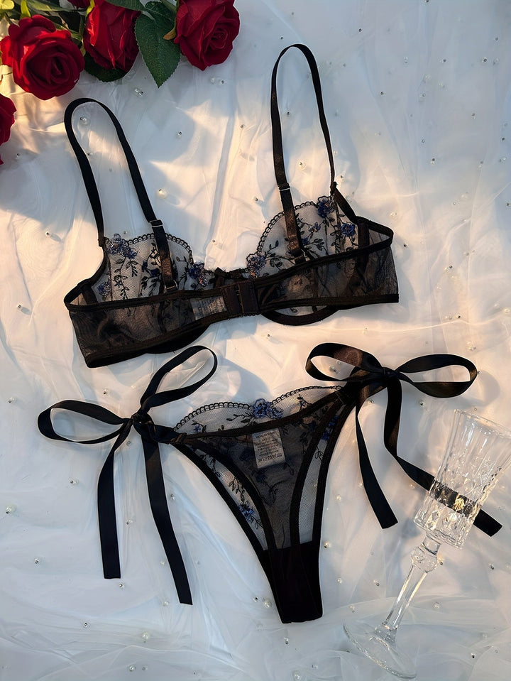 Anya Elegant Black Mesh Lingerie Set: Intricate Embroidery, Sensual Comfort