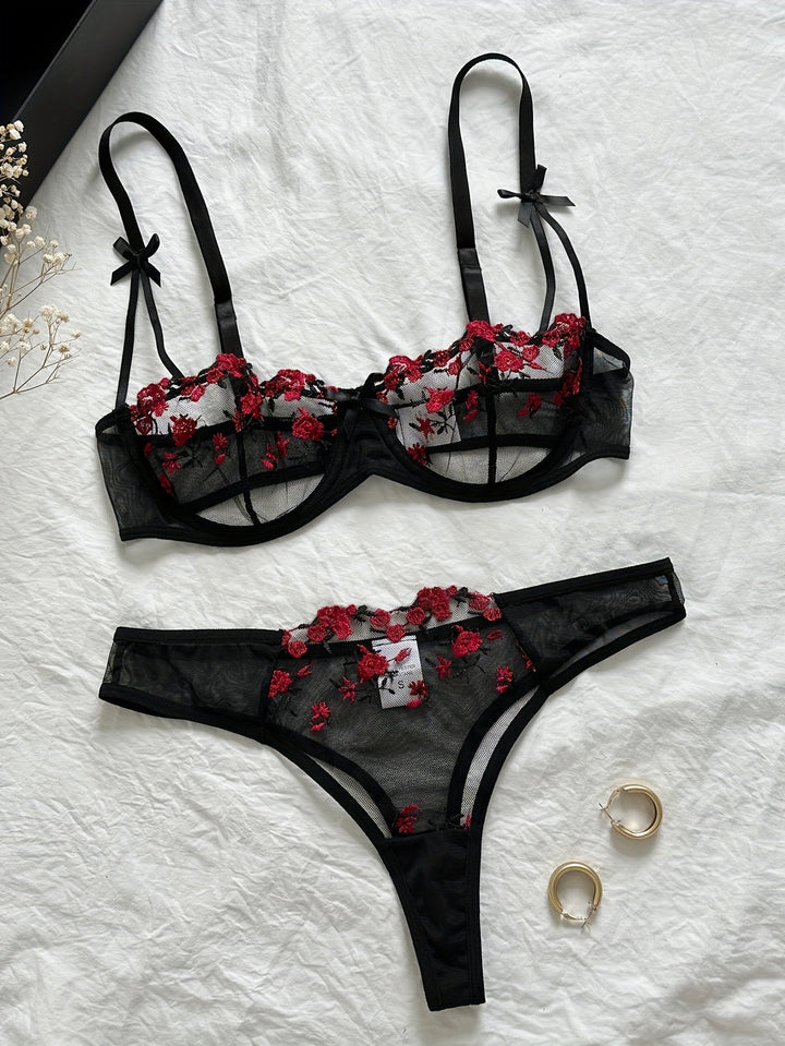 Liora Rose Embroidered Lace Lingerie Set with Adjustable Straps
