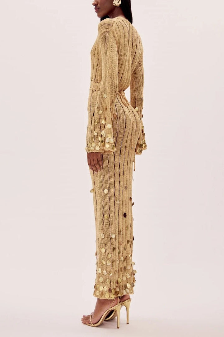 Robe élégante femme décolleté profond taille ajustable manches à sequins