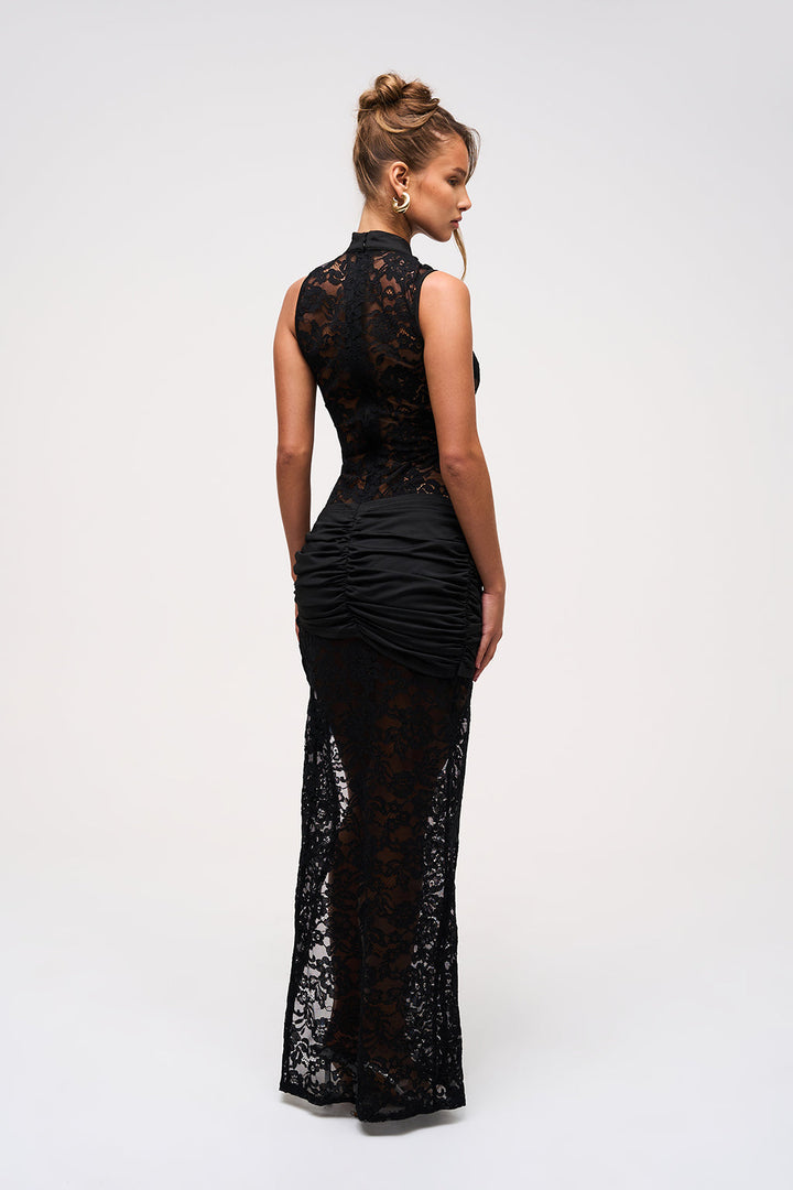 Alexander Saint Sheer Lace Maxi Dress with Gold Hardware