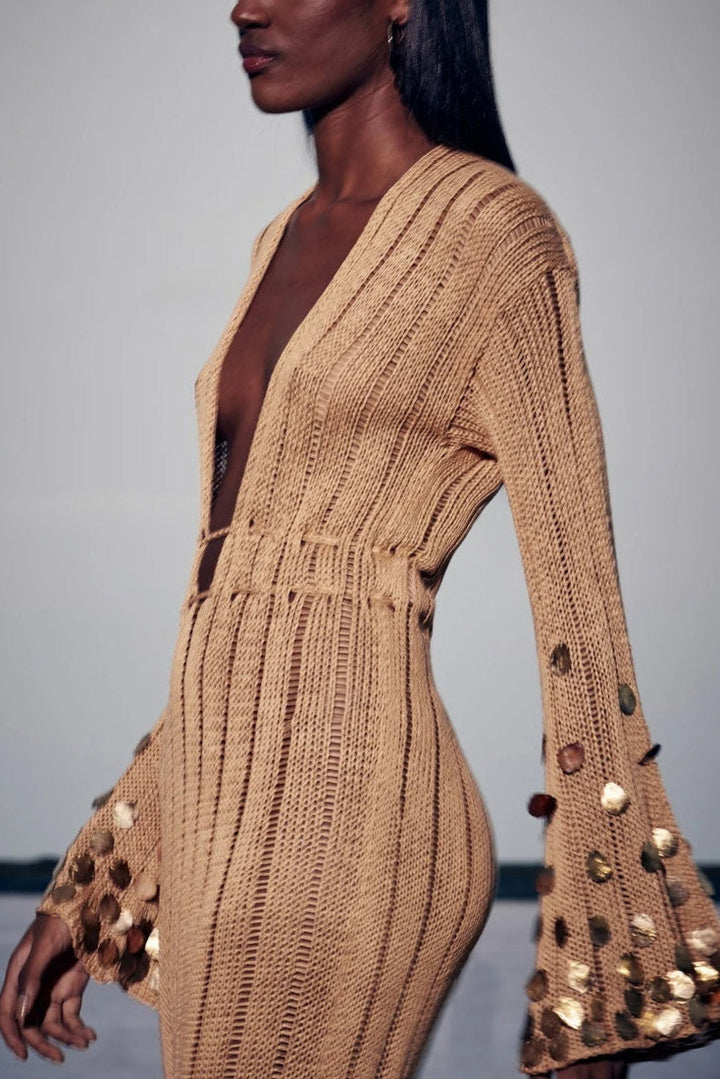 Robe élégante femme décolleté profond taille ajustable manches à sequins