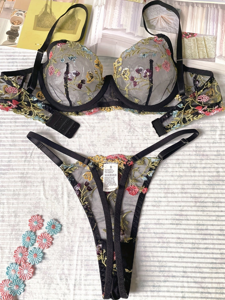 Elegant Embroidered Mesh Lingerie Set with Adjustable Fit