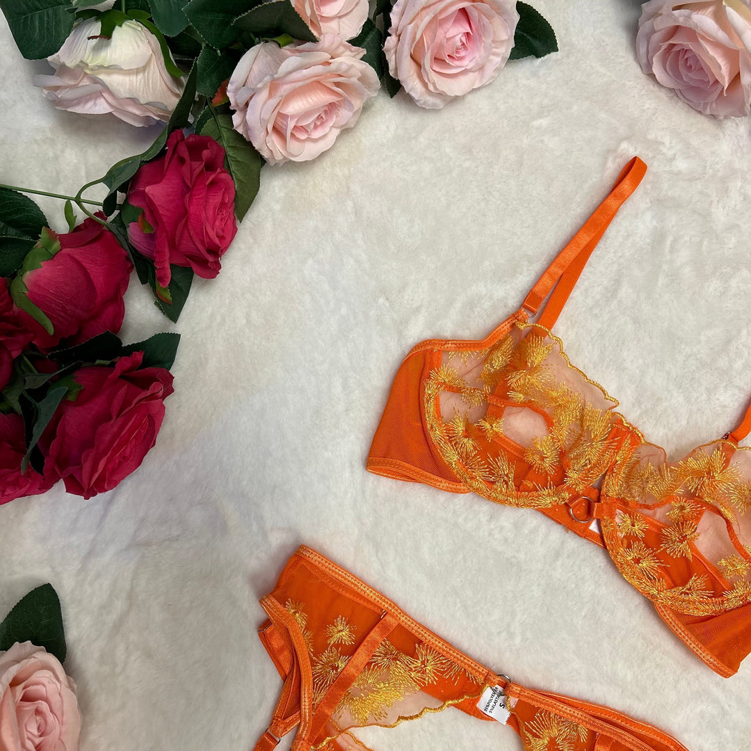 Aurelia Fiery Orange Mesh Lingerie Set with Golden Embroidery