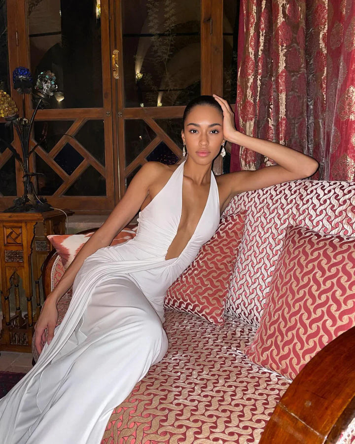 Robe longue ivoire femme décolleté profond armature tissu fluide cupro