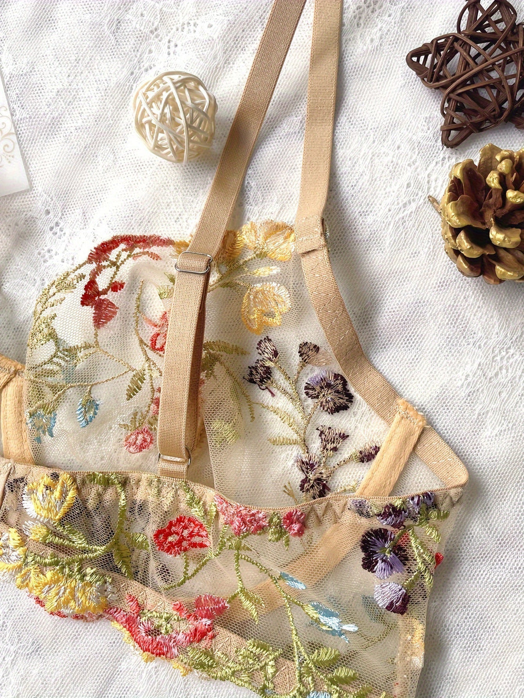 Elegant Embroidered Mesh Lingerie Set with Adjustable Fit