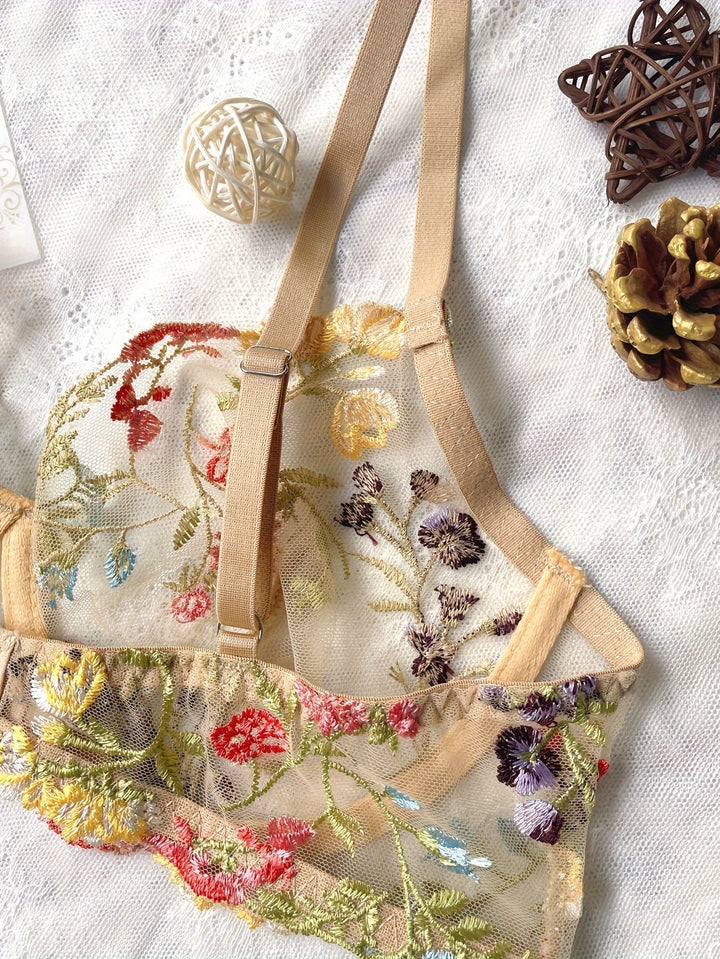 Elegant Embroidered Mesh Lingerie Set with Adjustable Fit