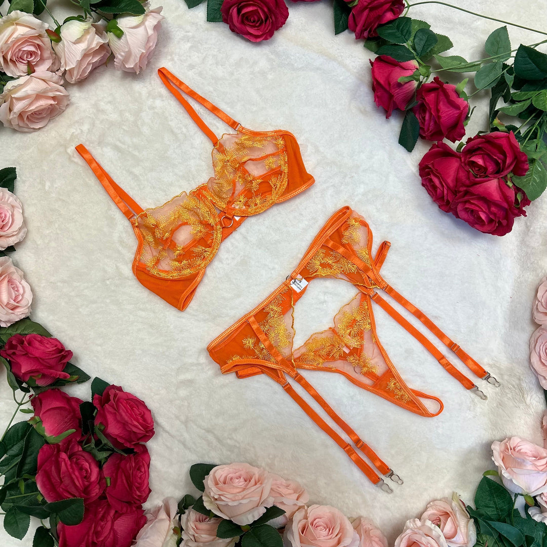 Aurelia Fiery Orange Mesh Lingerie Set with Golden Embroidery