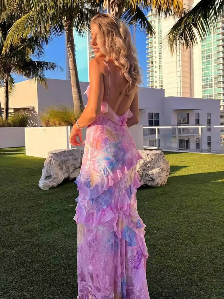 Robe d’été fleurie femme dos nu imprimé floral coupe fluide volantée