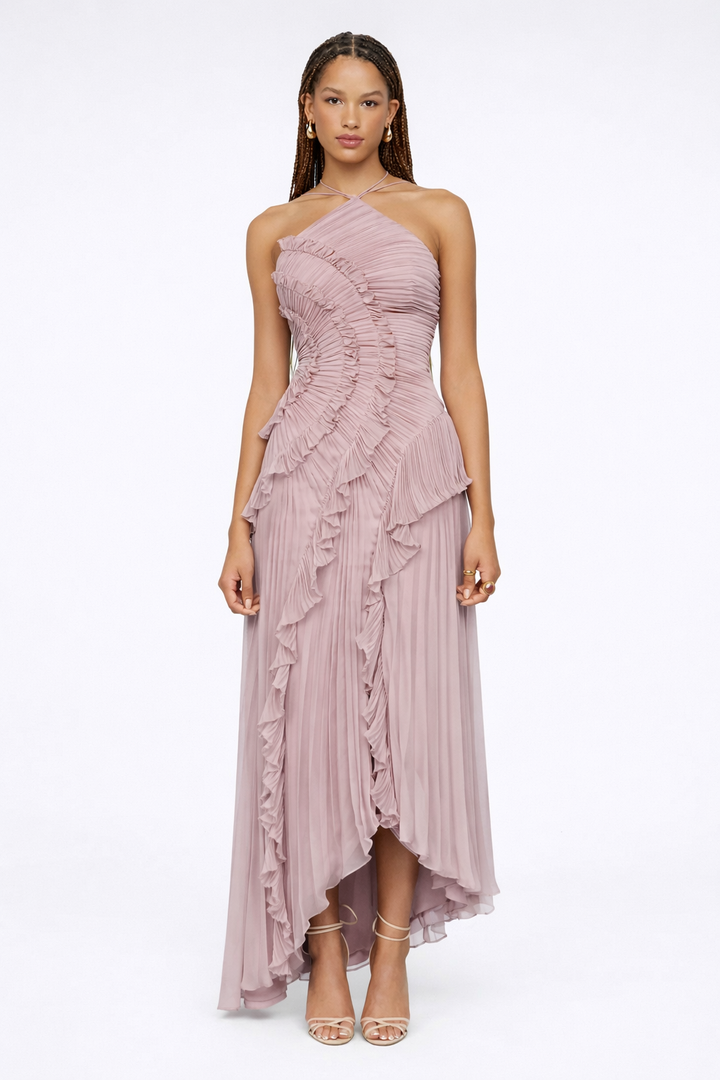 Robe longue lilas femme col halter volants fluides élégants