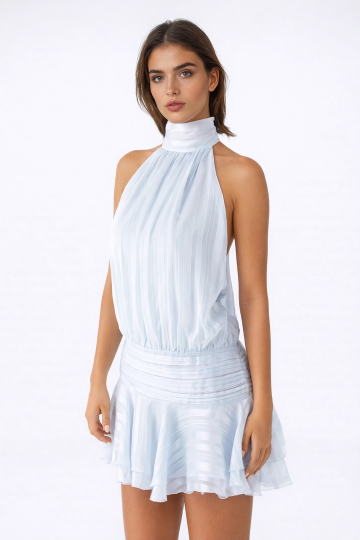 Robe longue mousseline femme col halter dos nu taille asymétrique