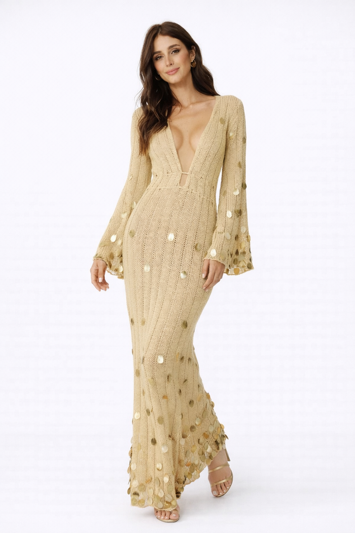 Robe élégante femme décolleté profond taille ajustable manches à sequins