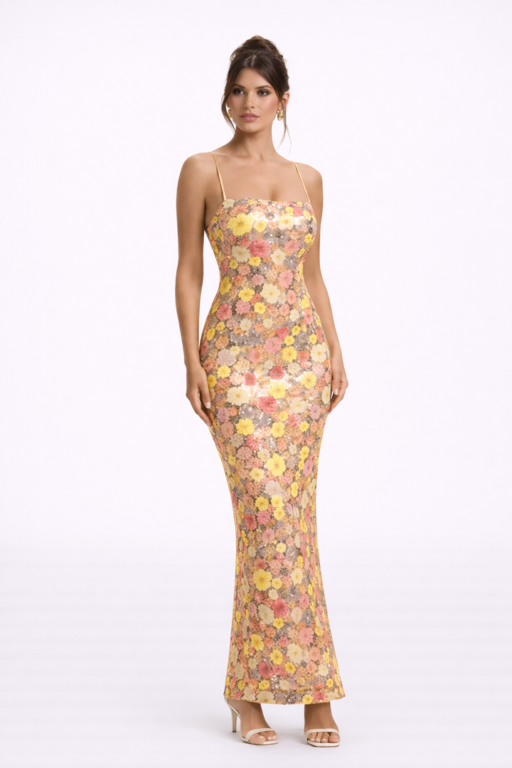 Robe longue à sequins femme motifs floraux fente latérale élégante