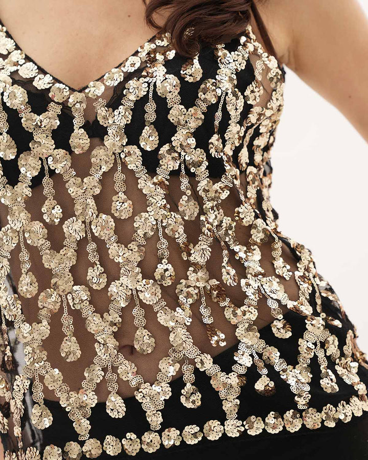 Liora Gold Sequin Embellished V‑Neck Semi‑Transparent Elegant Top