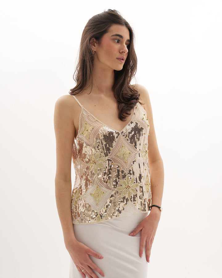 Gold Embellished Floral V-Neck Semi-Transparent Elegant Evening Top