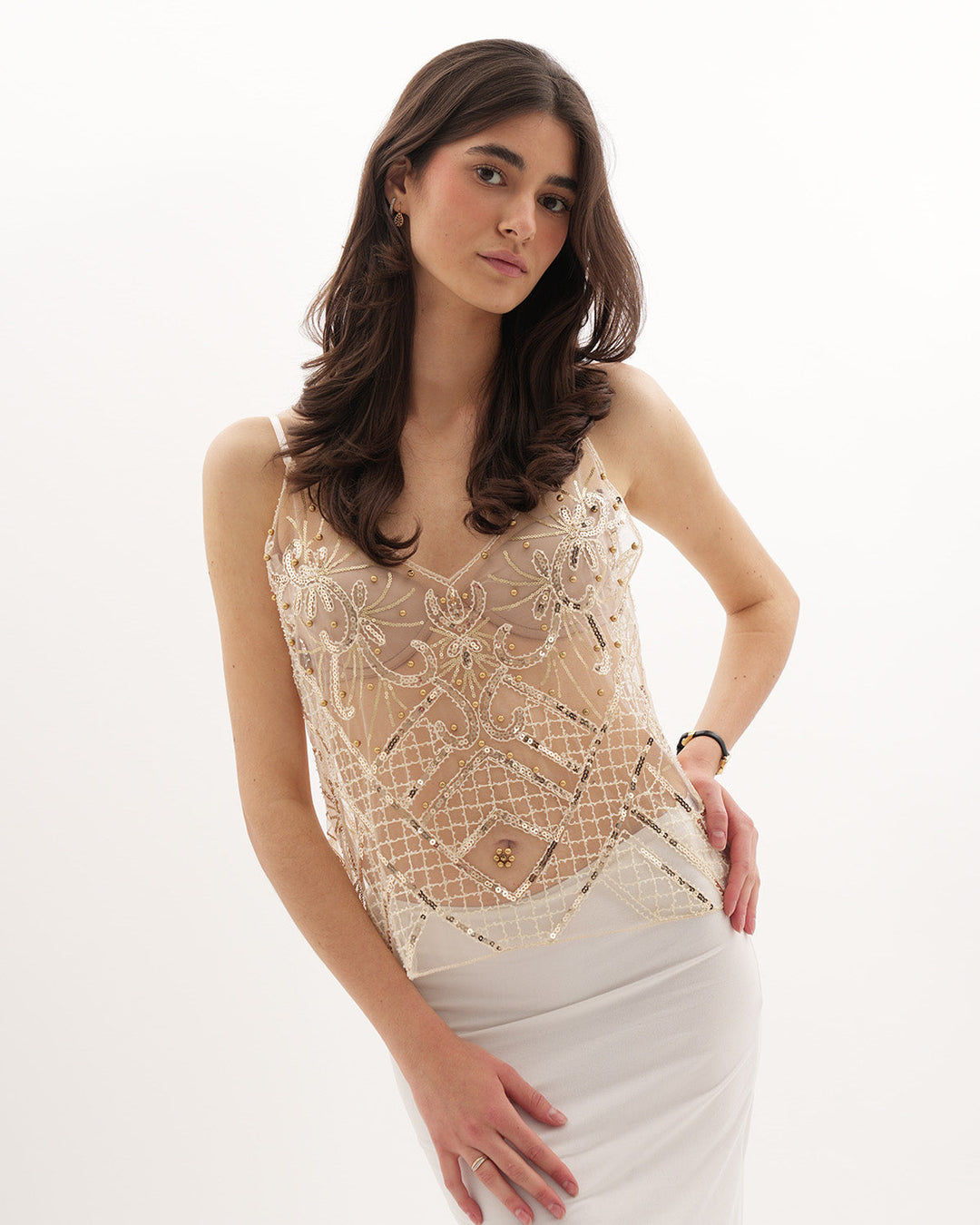 Selene Gold Embellished Semi-Transparent V-Neck Top Handmade Elegant