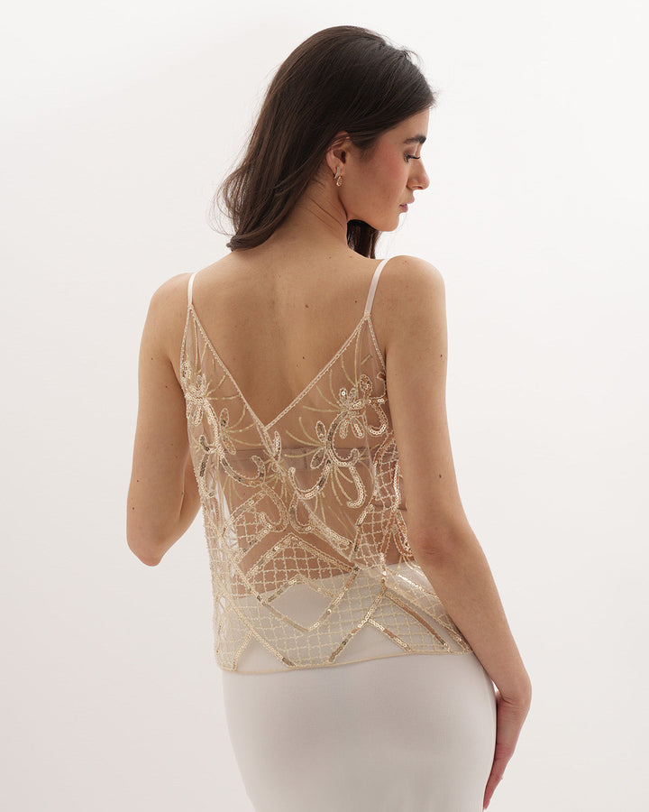 Selene Gold Embellished Semi-Transparent V-Neck Top Handmade Elegant