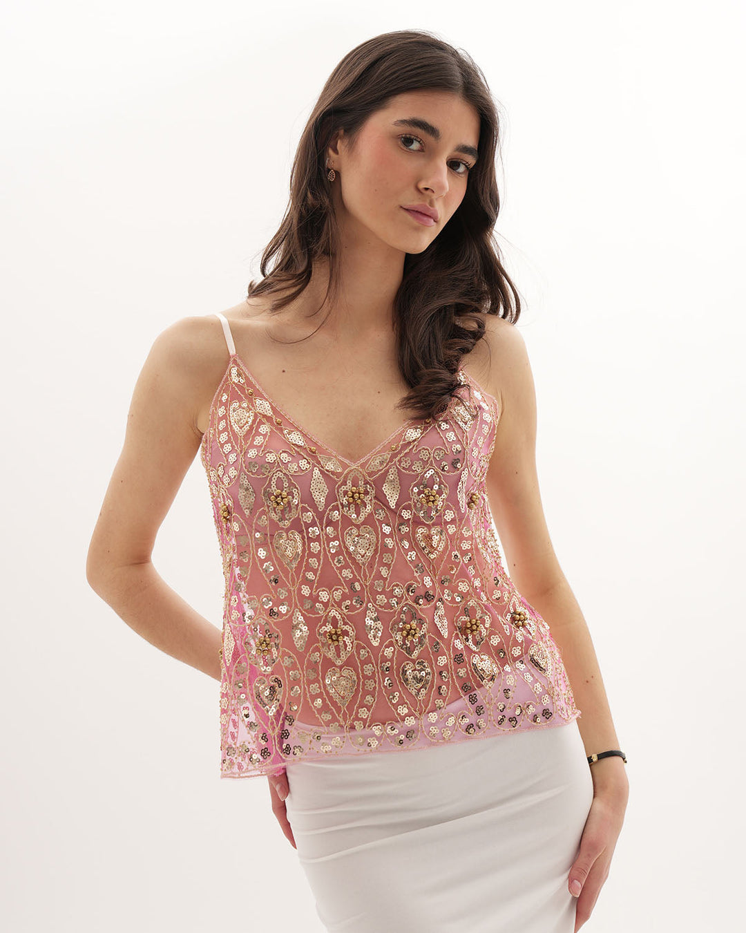 Serena Pink Embellished V-Neck Top with Beaded Floral Detail