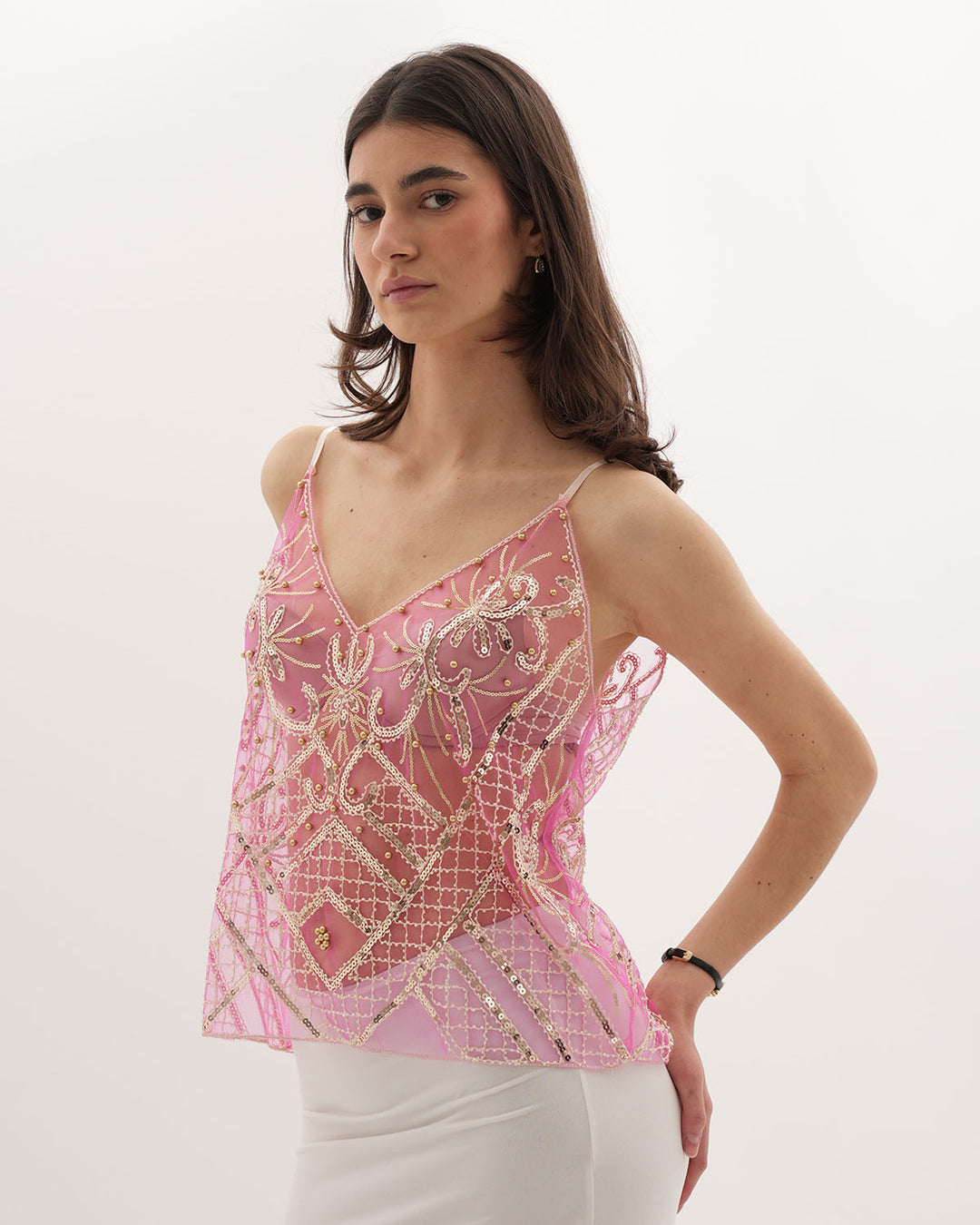 Radiant Pink Handcrafted Beaded V-Neck Embellished Semi-Transparent Top
