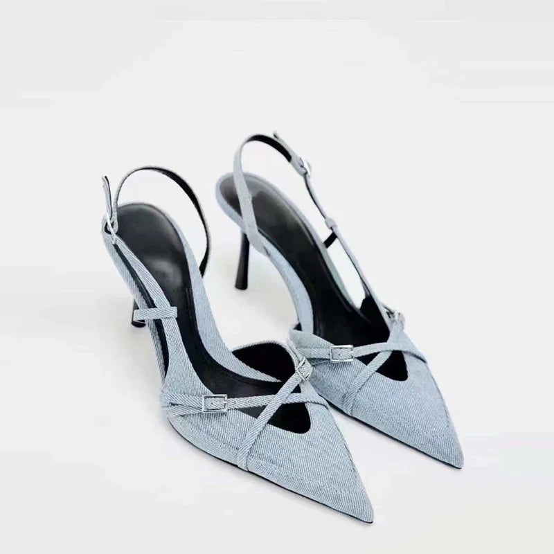 Denim Chic Heel with Cushioned Insole and Sleek Design