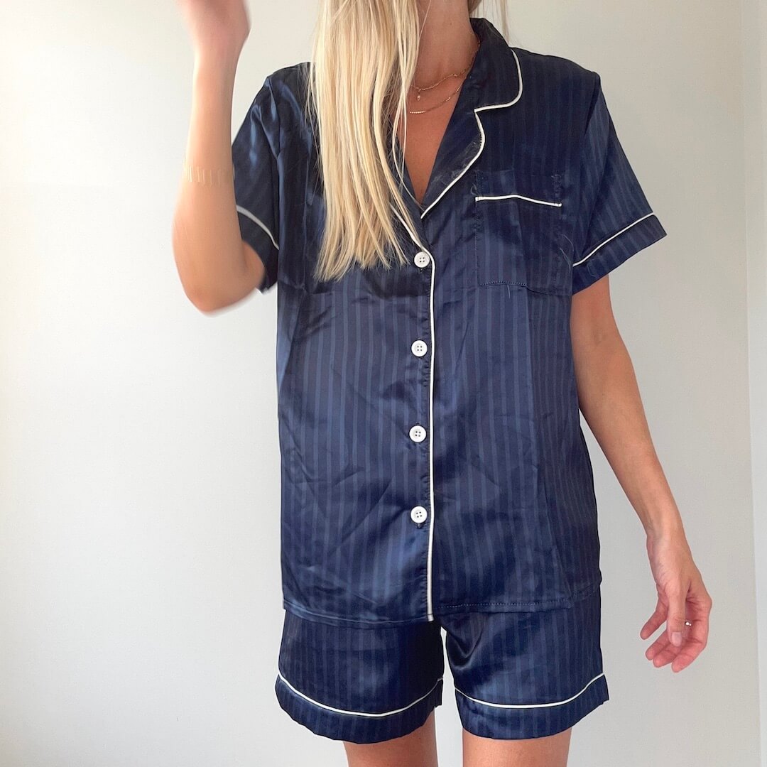 Luxurious Satin Short Pajama Set with Striped Design