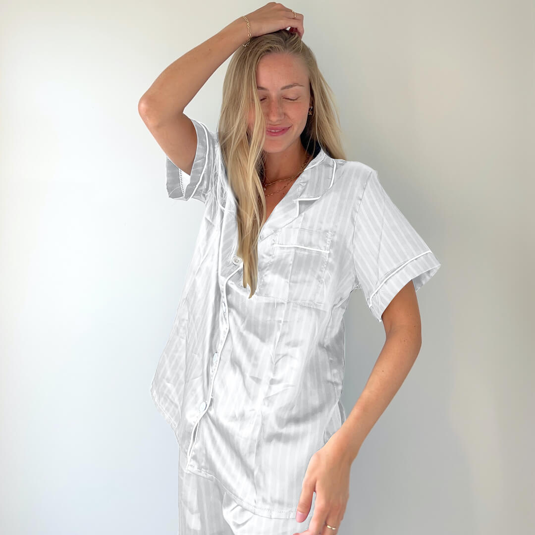 Luxurious Satin Short Pajama Set with Striped Design