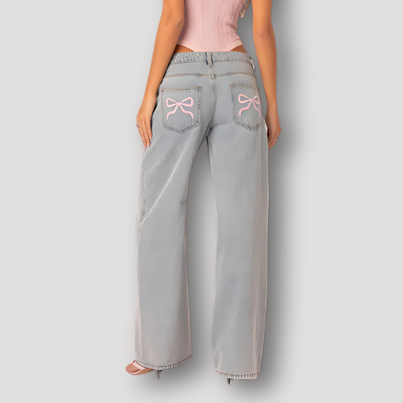 Pink Embroidered Bow Wide Leg Denim Jeans - Siopie