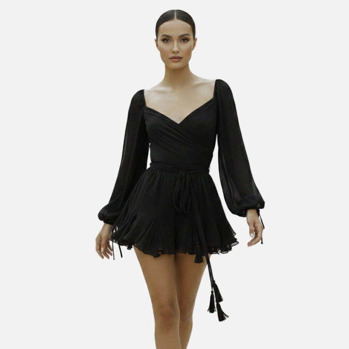 Robe courte mousseline femme cache-cœur manches bouffantes