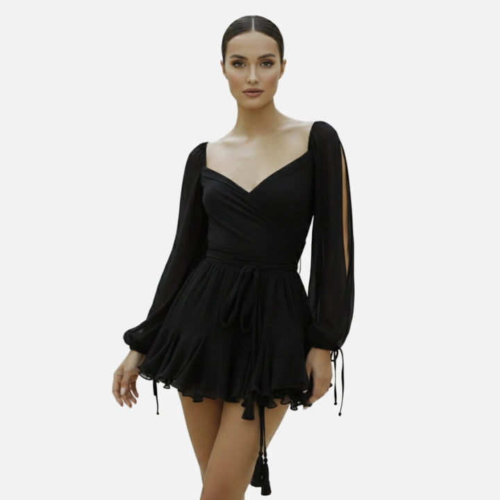 Robe courte mousseline femme cache-cœur manches bouffantes