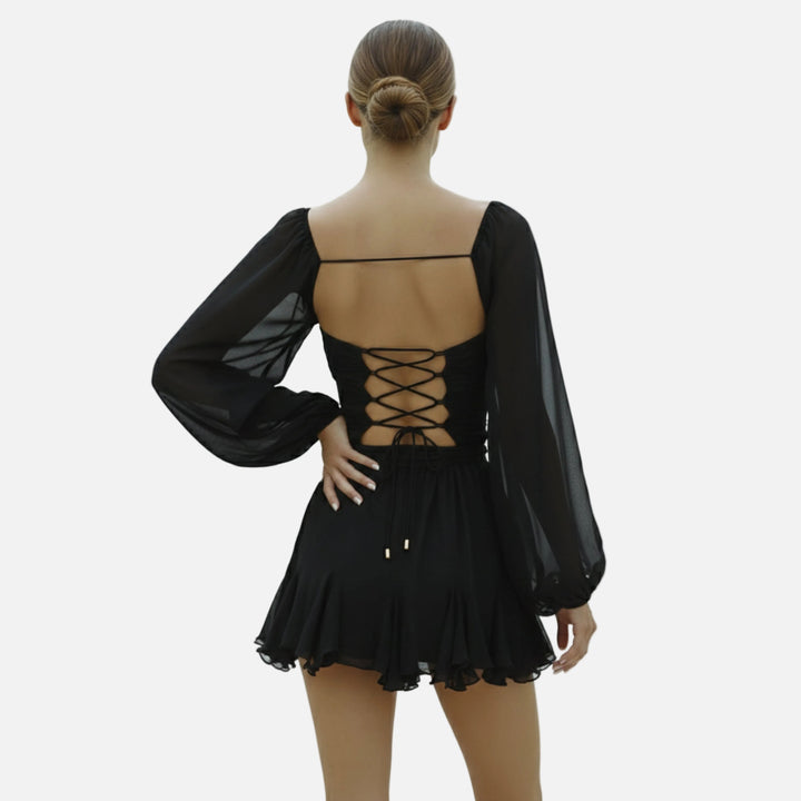 Robe courte mousseline femme cache-cœur manches bouffantes