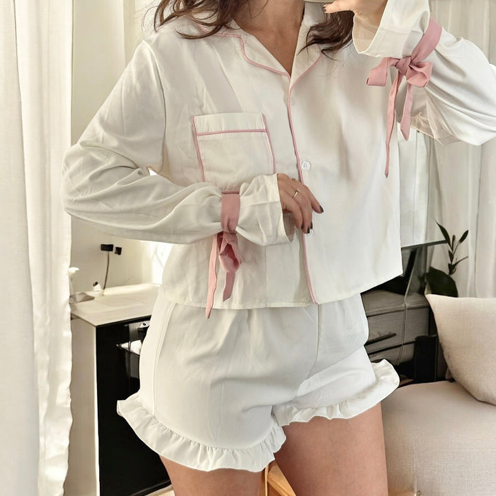 Amaya Bow Tie Cuffs Soft Elegant Loungewear Pajama Set