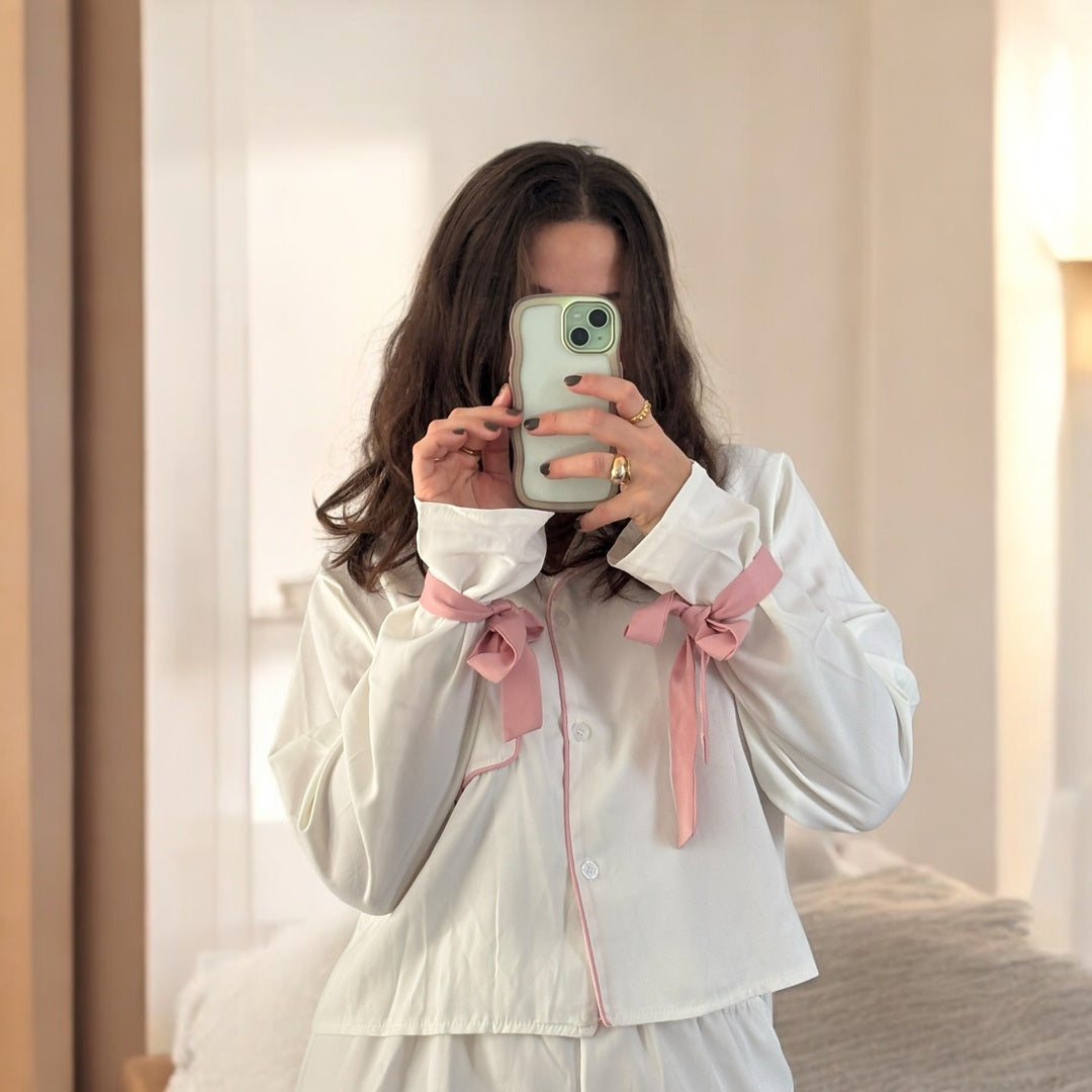 Amaya Bow Tie Cuffs Soft Elegant Loungewear Pajama Set
