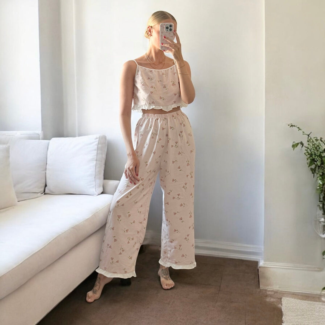Amara Floral Ruffle Cami Pajama Set – Soft Comfortable Loungewear