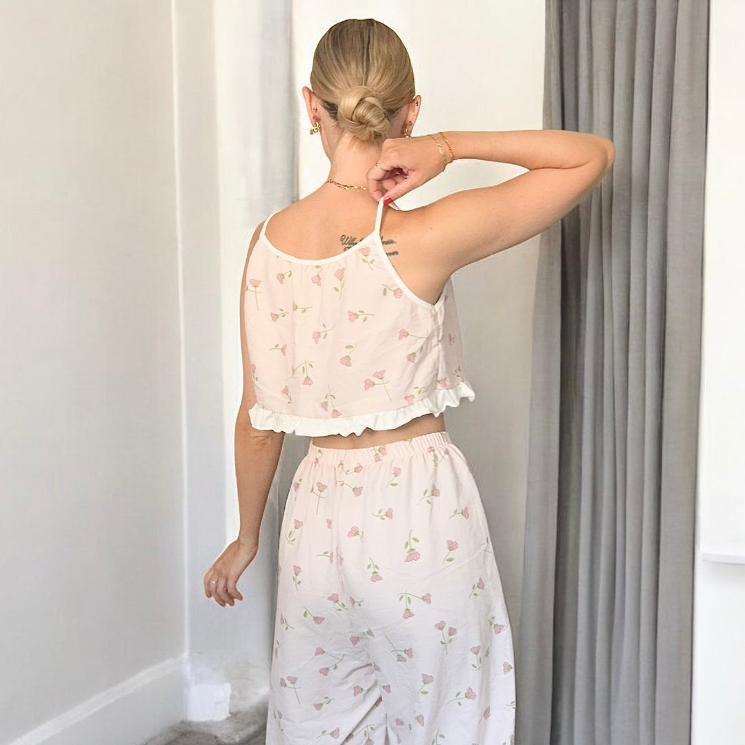 Amara Floral Ruffle Cami Pajama Set – Soft Comfortable Loungewear