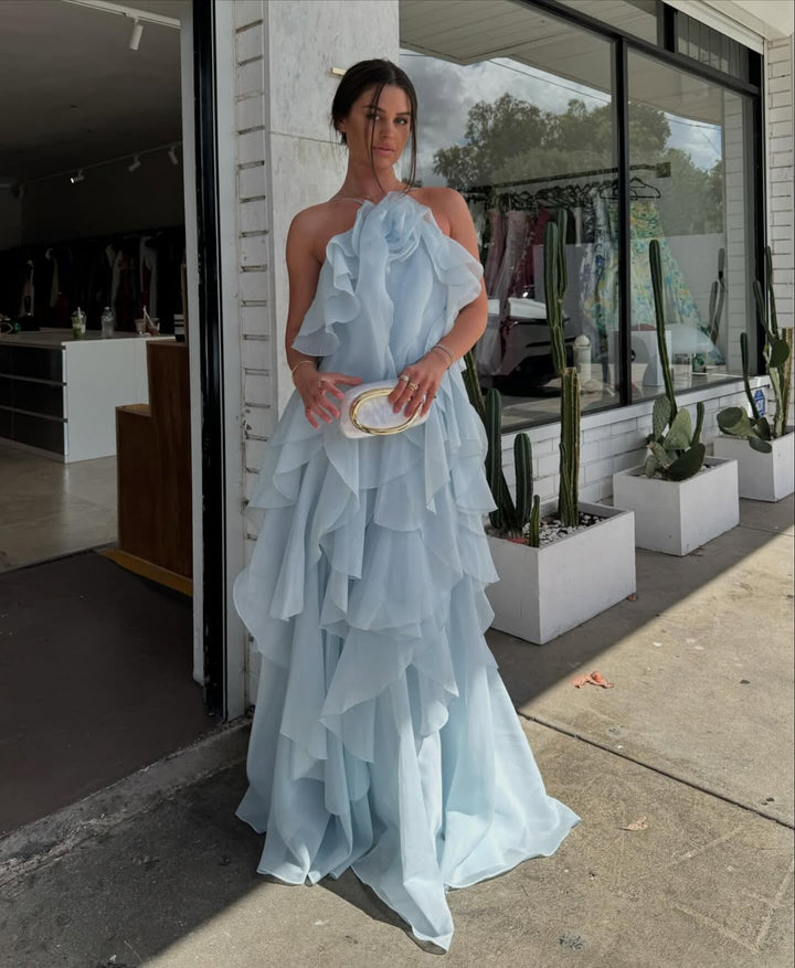 Robe longue élégante femme col halter volants coupe fluide aérienne