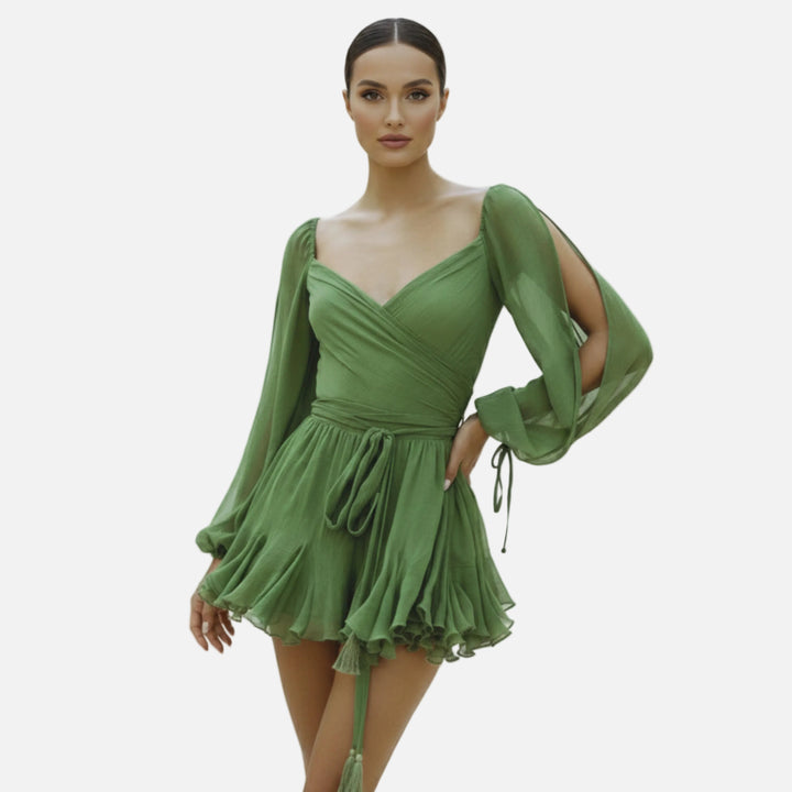 Robe courte mousseline femme cache-cœur manches bouffantes