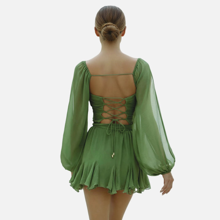 Robe courte mousseline femme cache-cœur manches bouffantes