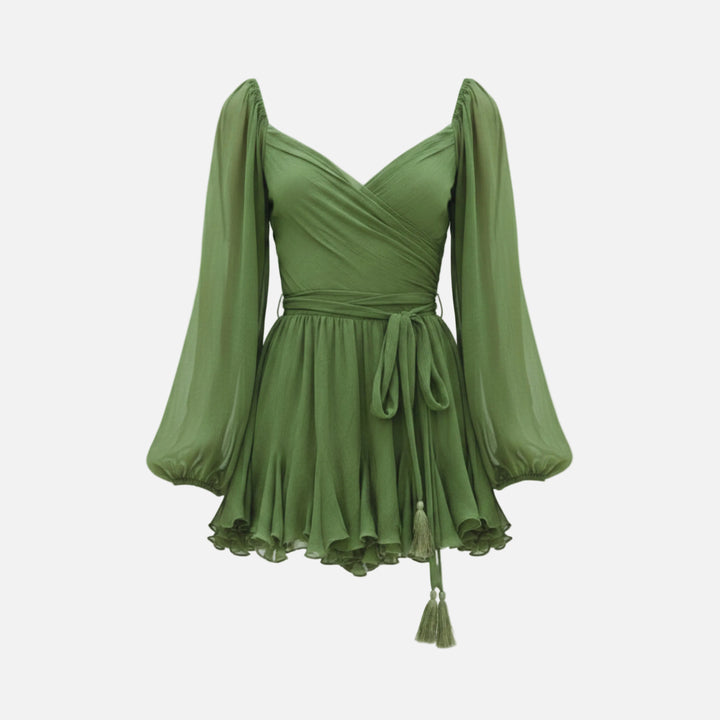 Robe courte mousseline femme cache-cœur manches bouffantes