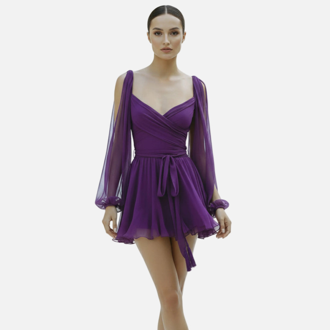 Robe courte mousseline femme cache-cœur manches bouffantes