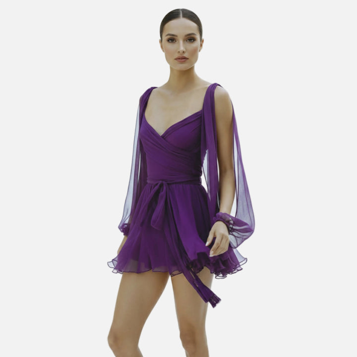 Robe courte mousseline femme cache-cœur manches bouffantes