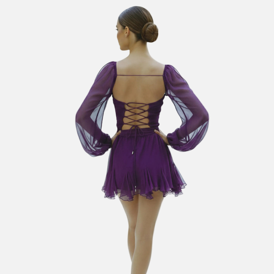 Robe courte mousseline femme cache-cœur manches bouffantes