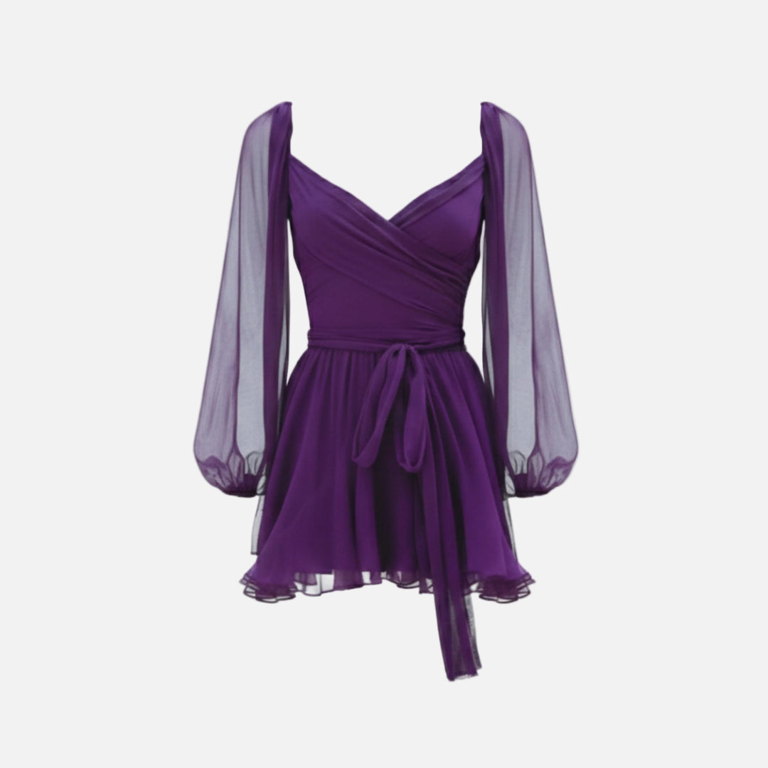 Robe courte mousseline femme cache-cœur manches bouffantes