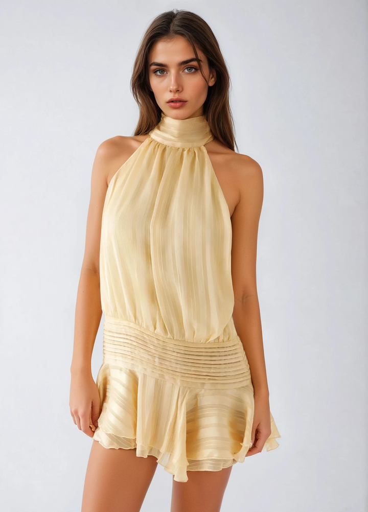 Robe longue mousseline femme col halter dos nu taille asymétrique