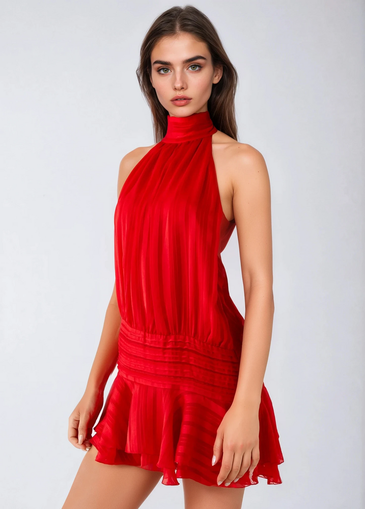 Robe longue mousseline femme col halter dos nu taille asymétrique