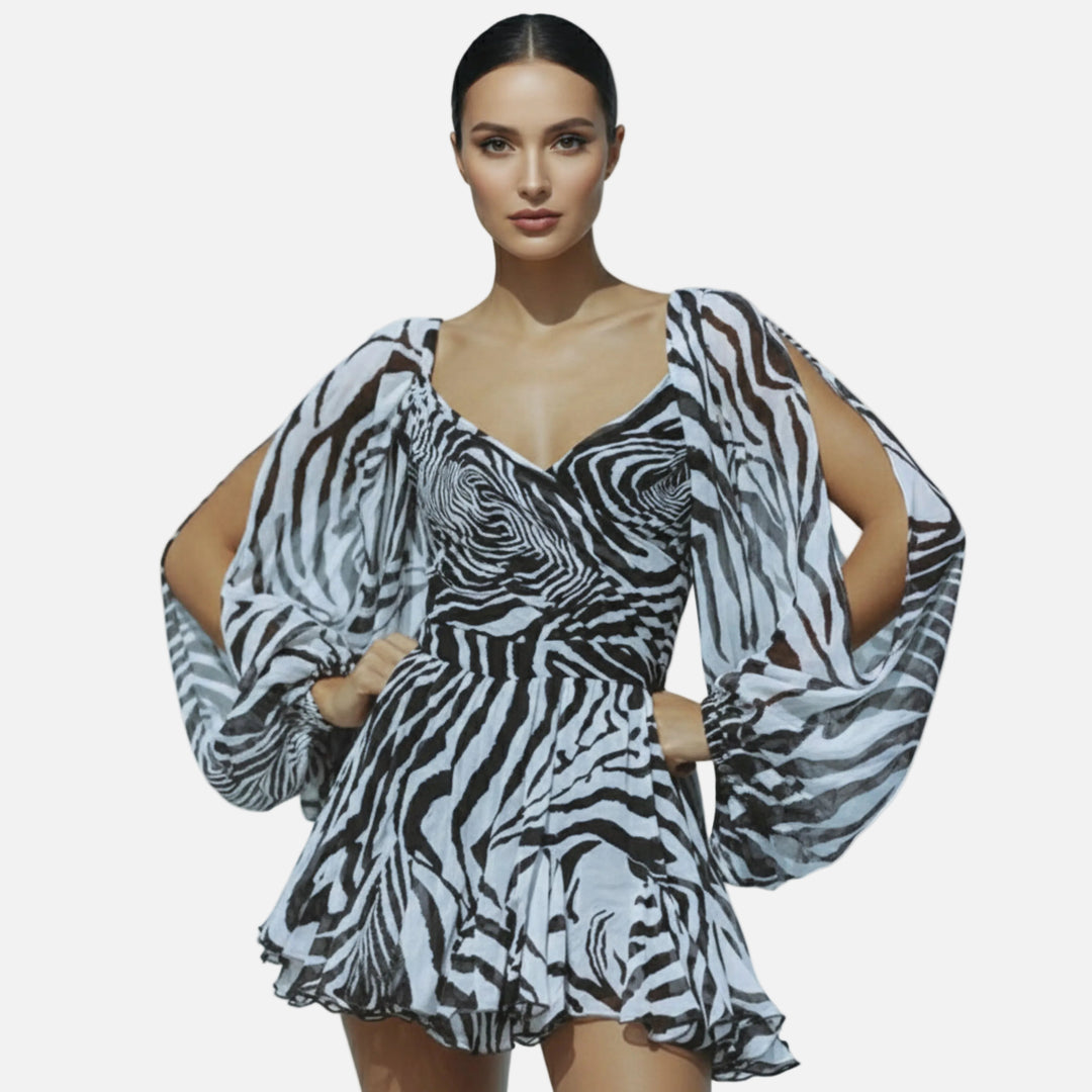 Robe courte mousseline femme cache-cœur manches bouffantes