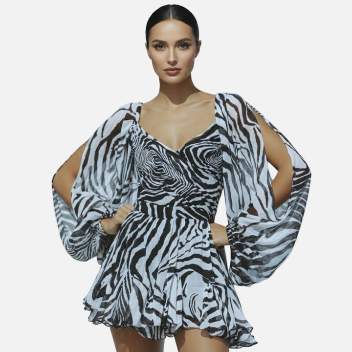 Robe courte mousseline femme cache-cœur manches bouffantes