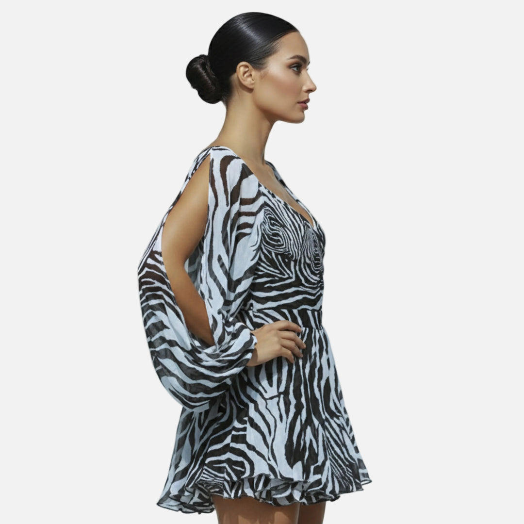 Robe courte mousseline femme cache-cœur manches bouffantes