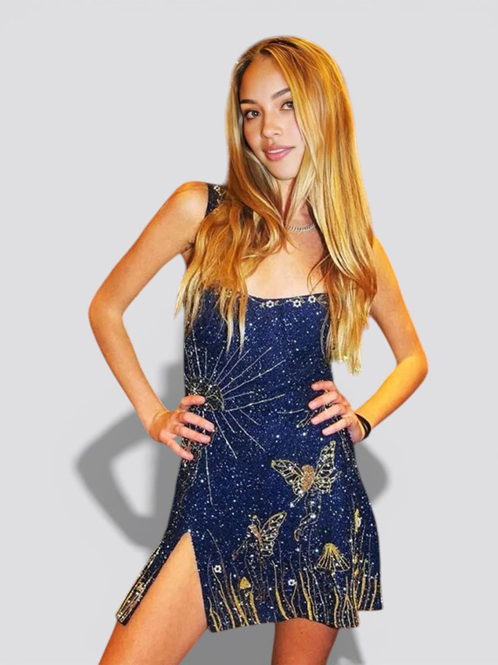 Robe bleu nuit étoilée femme bustier ajusté jupe évasée élégante