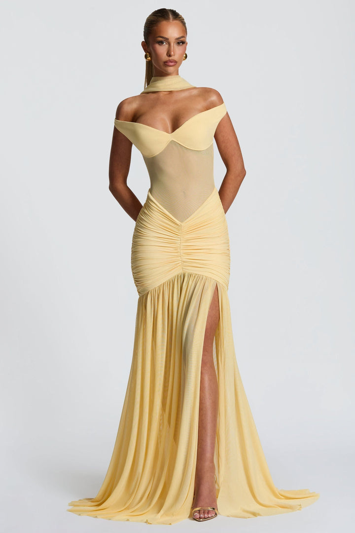 Alya Metallic Maxi Dress – Vibrant Olive Yellow Black Evening Gown