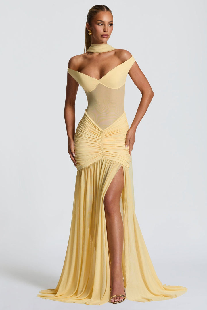 Alya Metallic Maxi Dress – Vibrant Olive Yellow Black Evening Gown