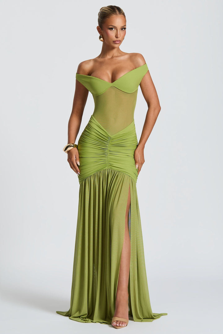 Alya Metallic Maxi Dress – Vibrant Olive Yellow Black Evening Gown